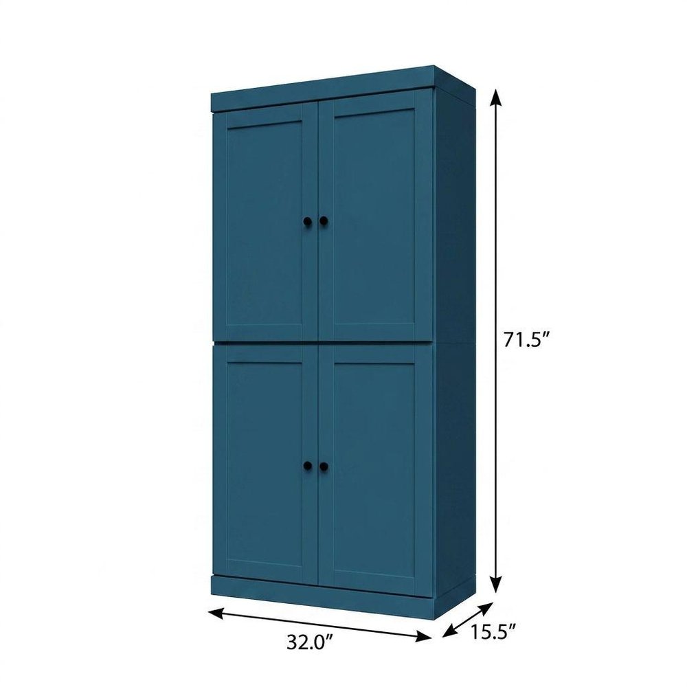 72" Teal Blue Solid Wood Adjustable Six Tier Library Bookcase with Four Doors — view 4