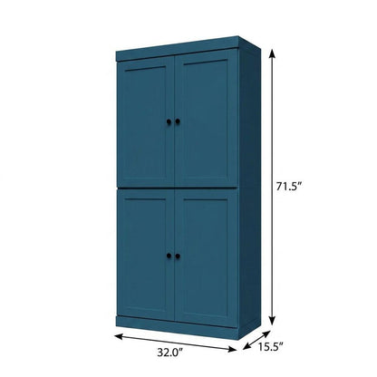 72" Teal Blue Solid Wood Adjustable Six Tier Library Bookcase with Four Doors