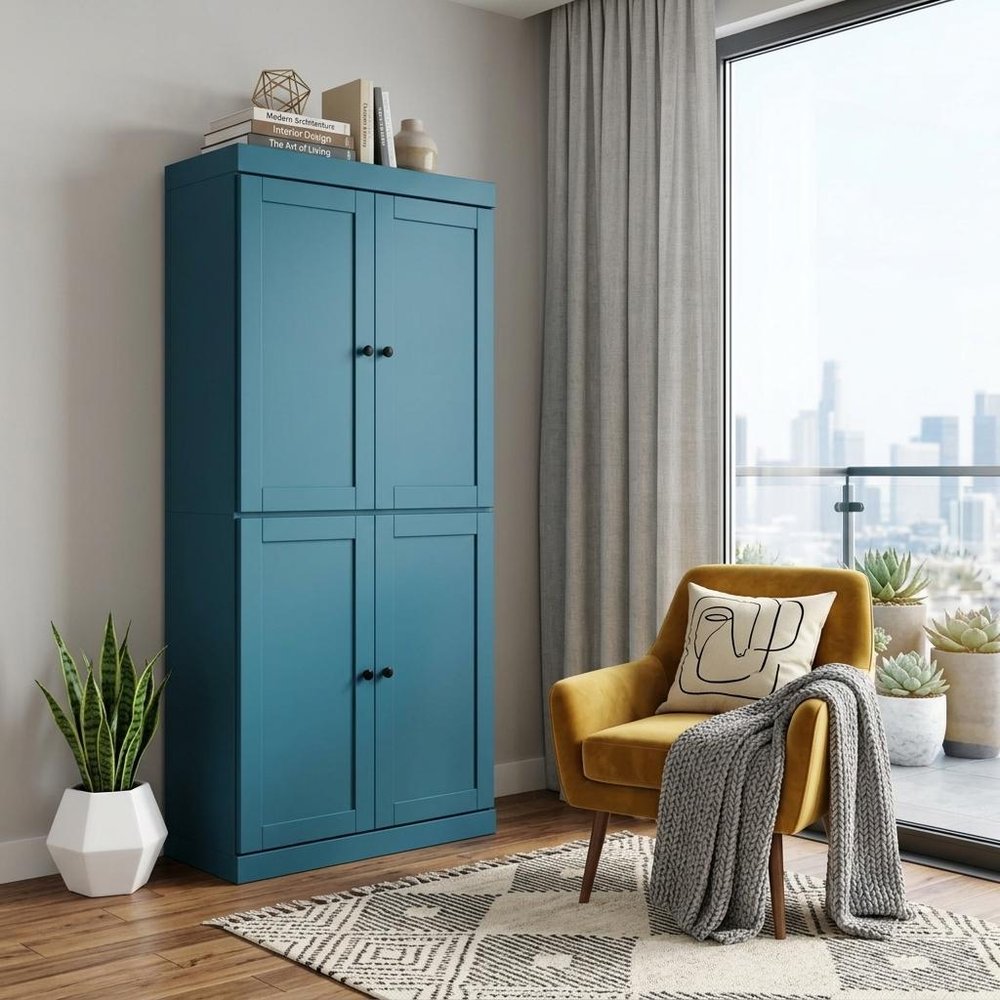 72" Teal Blue Solid Wood Adjustable Six Tier Library Bookcase with Four Doors — view 4