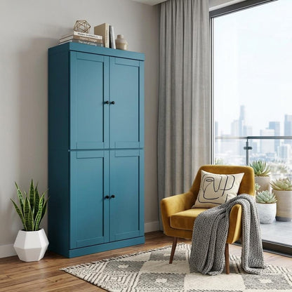 72" Teal Blue Solid Wood Adjustable Six Tier Library Bookcase with Four Doors HomeRoots