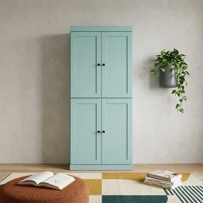 72" Aqua Solid Wood Adjustable Six Tier Library Bookcase with Four Doors HomeRoots