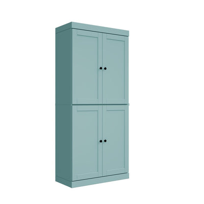 72" Aqua Solid Wood Adjustable Six Tier Library Bookcase with Four Doors