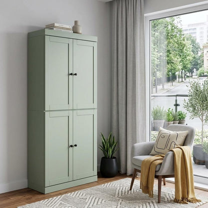 72" Sage Solid Wood Adjustable Six Tier Library Bookcase with Four Doors HomeRoots