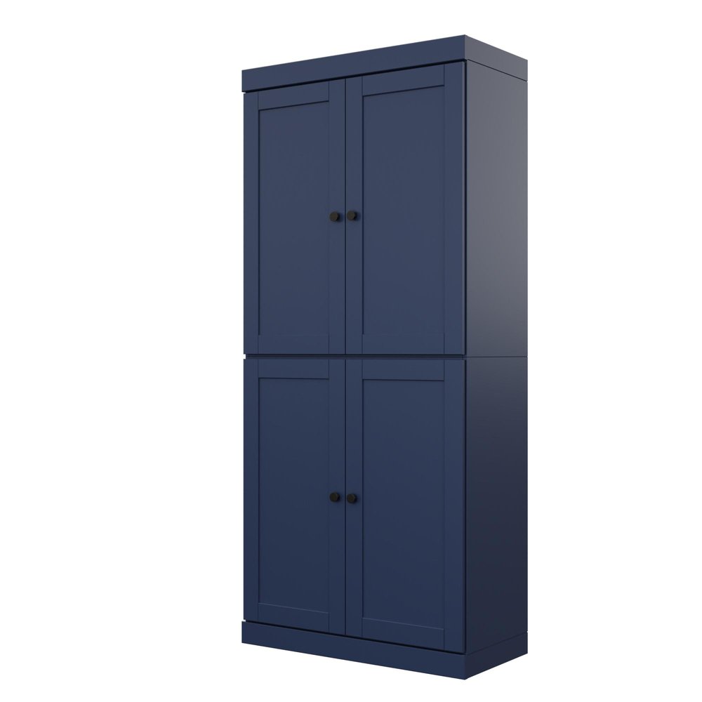 72" Navy Blue Solid Wood Adjustable Six Tier Library Bookcase with Four Doors HomeRoots