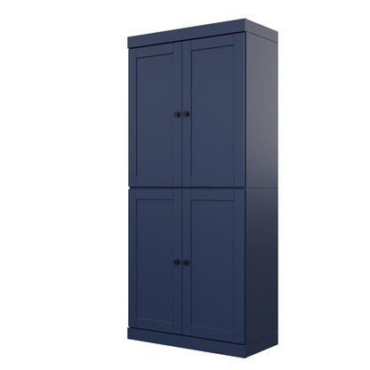 72" Navy Blue Solid Wood Adjustable Six Tier Library Bookcase with Four Doors