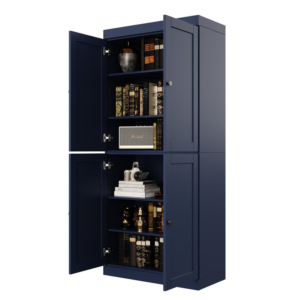 72" Navy Blue Solid Wood Adjustable Six Tier Library Bookcase with Four Doors
