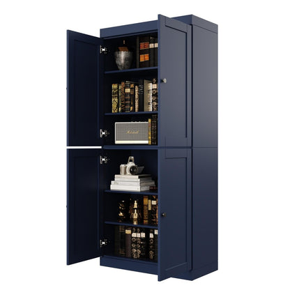 72" Navy Blue Solid Wood Adjustable Six Tier Library Bookcase with Four Doors