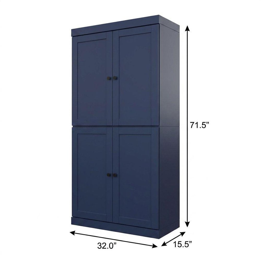 72" Navy Blue Solid Wood Adjustable Six Tier Library Bookcase with Four Doors — view 3
