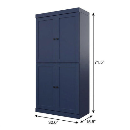 72" Navy Blue Solid Wood Adjustable Six Tier Library Bookcase with Four Doors HomeRoots