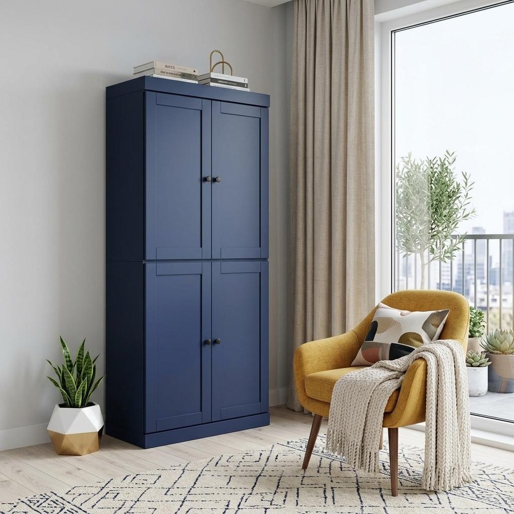 72" Navy Blue Solid Wood Adjustable Six Tier Library Bookcase with Four Doors — view 4
