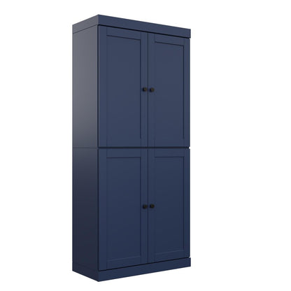 72" Navy Blue Solid Wood Adjustable Six Tier Library Bookcase with Four Doors