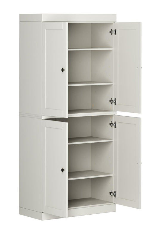72" Off White Solid Wood Adjustable Six Tier Library Bookcase with Four Doors