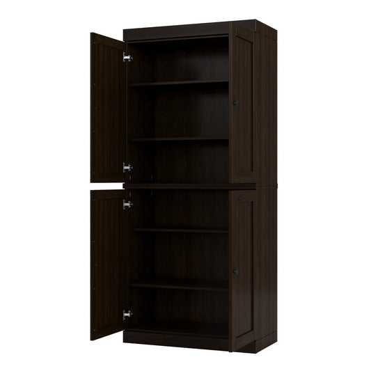 72" Espresso Solid Wood Adjustable Six Tier Library Bookcase with Four Doors