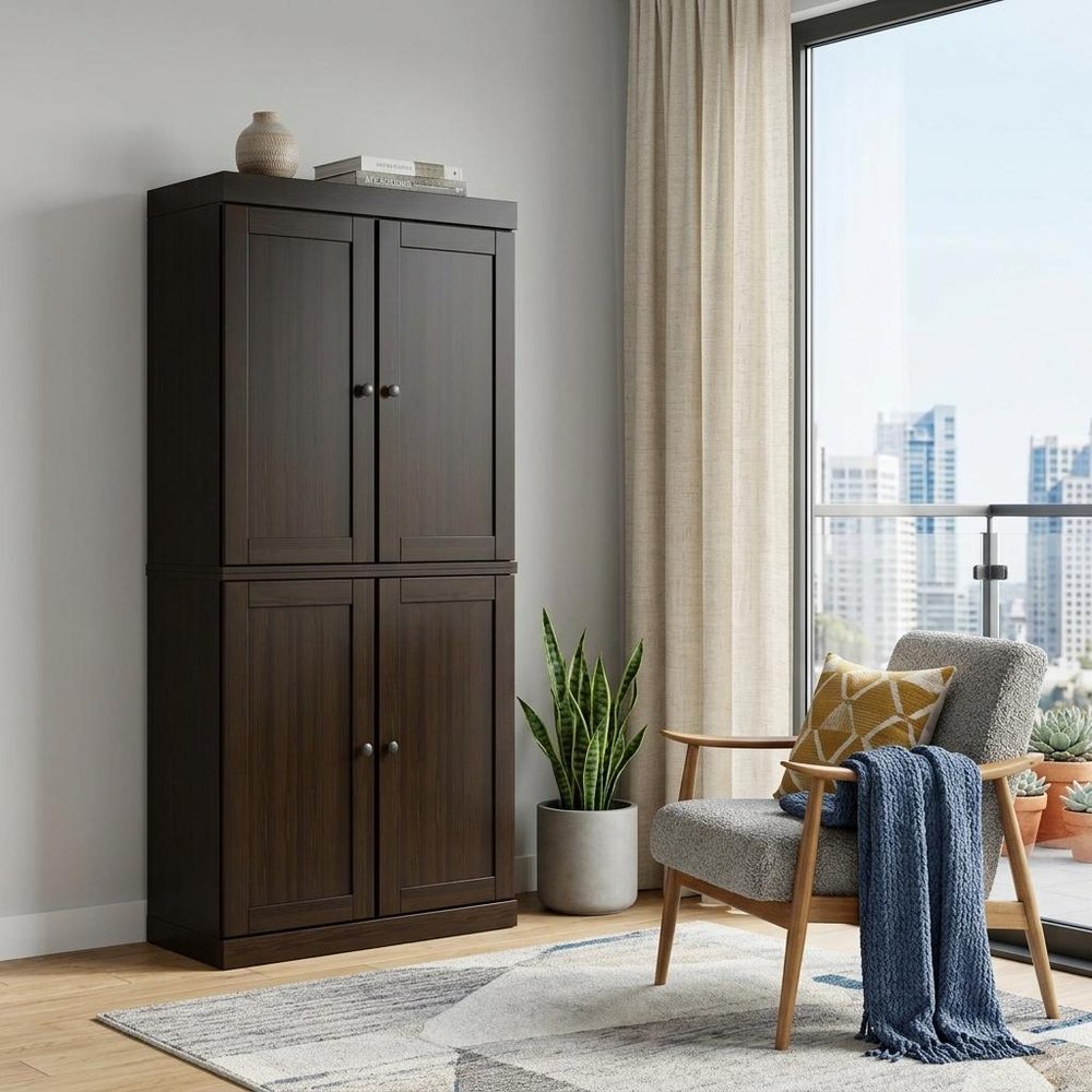 72" Espresso Solid Wood Adjustable Six Tier Library Bookcase with Four Doors — view 5
