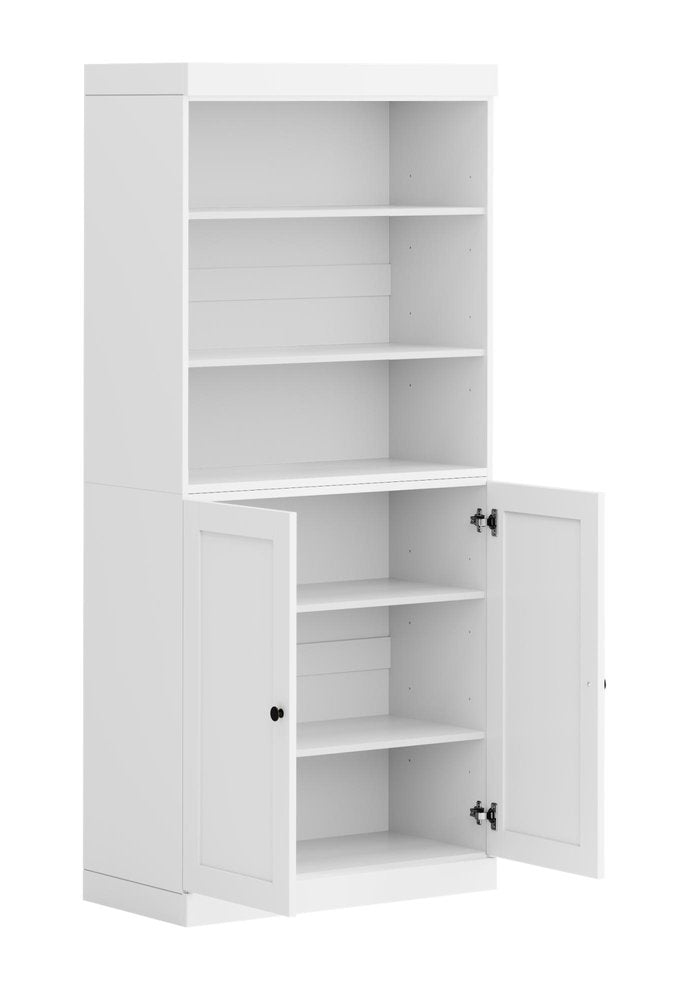 72" White Solid Wood Adjustable Six Tier Library Bookcase with Two Doors HomeRoots