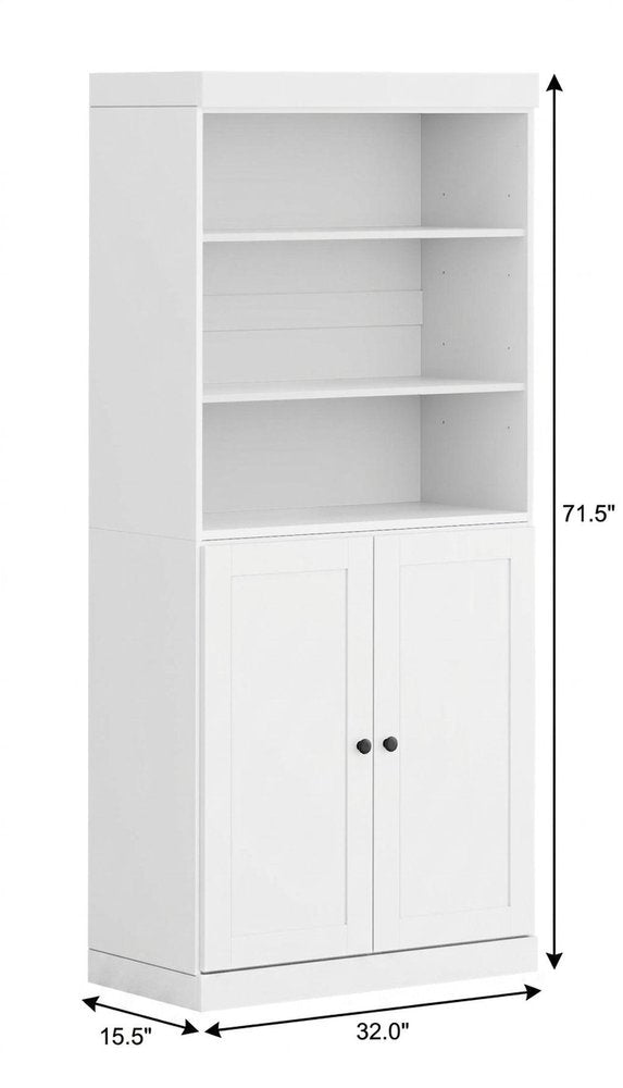 72" White Solid Wood Adjustable Six Tier Library Bookcase with Two Doors HomeRoots