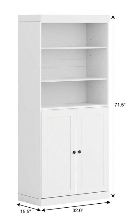 72" White Solid Wood Adjustable Six Tier Library Bookcase with Two Doors HomeRoots