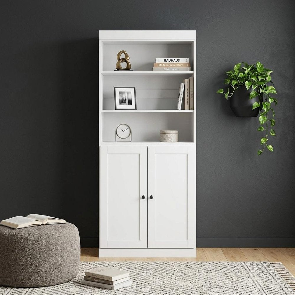 72" White Solid Wood Adjustable Six Tier Library Bookcase with Two Doors — view 5