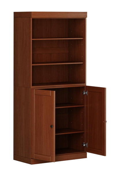 72" Coffee Solid Wood Adjustable Six Tier Library Bookcase with Two Doors HomeRoots