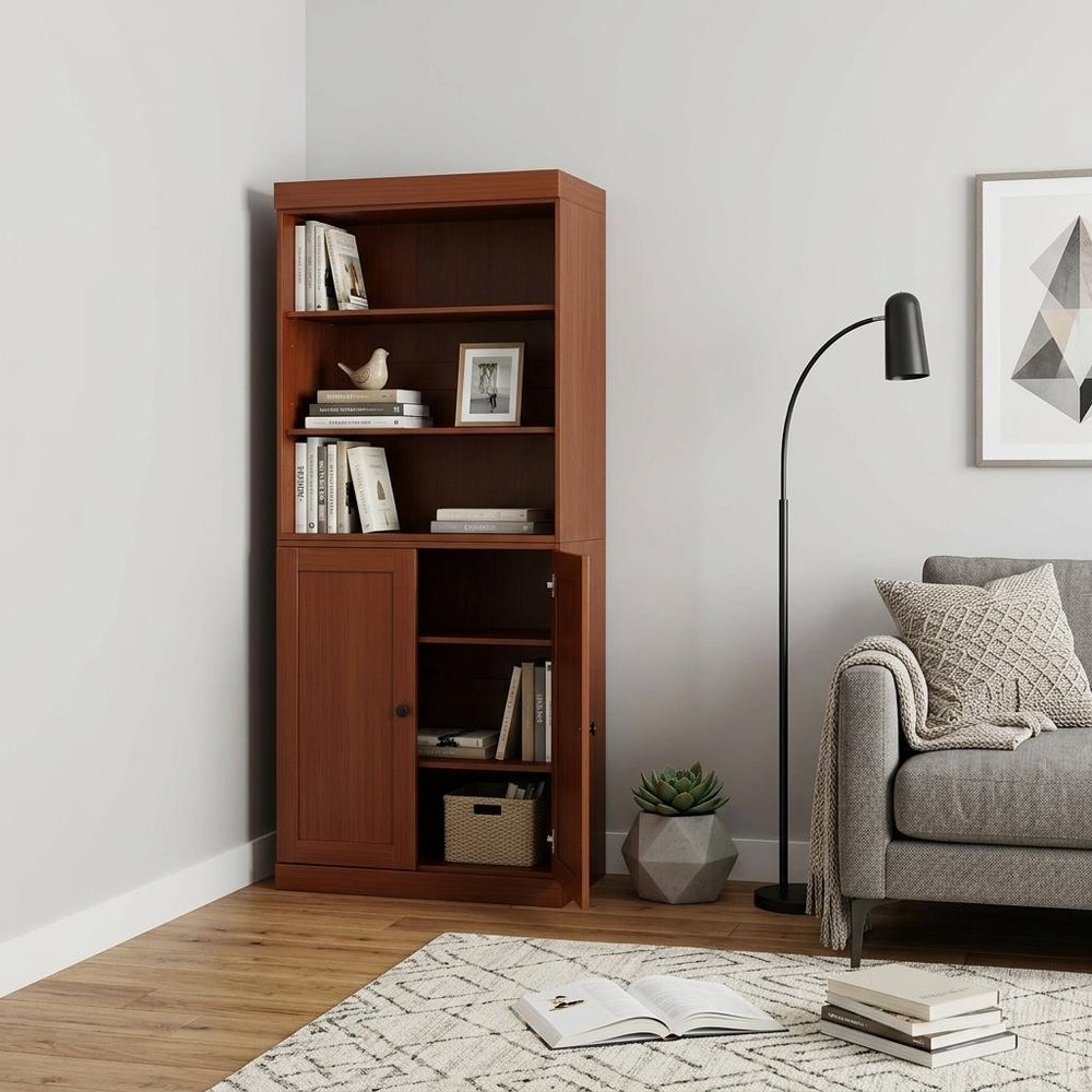 72" Coffee Solid Wood Adjustable Six Tier Library Bookcase with Two Doors — view 5