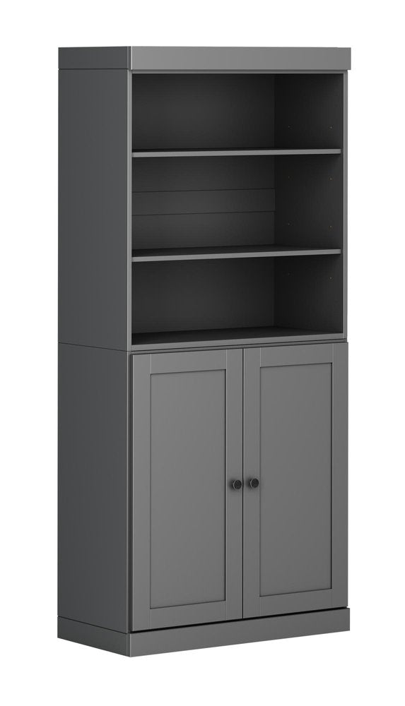 72" Gray Solid Wood Adjustable Six Tier Library Bookcase with Two Doors — view 1