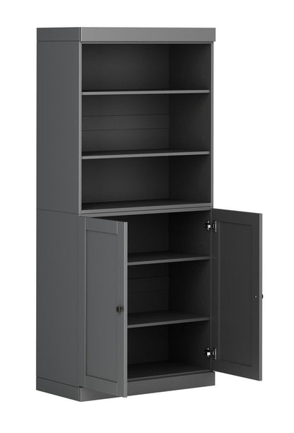 72" Gray Solid Wood Adjustable Six Tier Library Bookcase with Two Doors HomeRoots