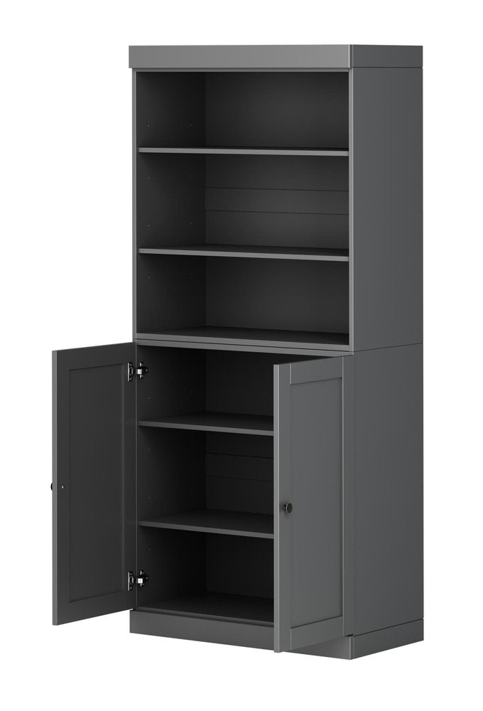 72" Gray Solid Wood Adjustable Six Tier Library Bookcase with Two Doors — view 4