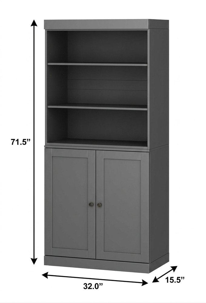 72" Gray Solid Wood Adjustable Six Tier Library Bookcase with Two Doors HomeRoots