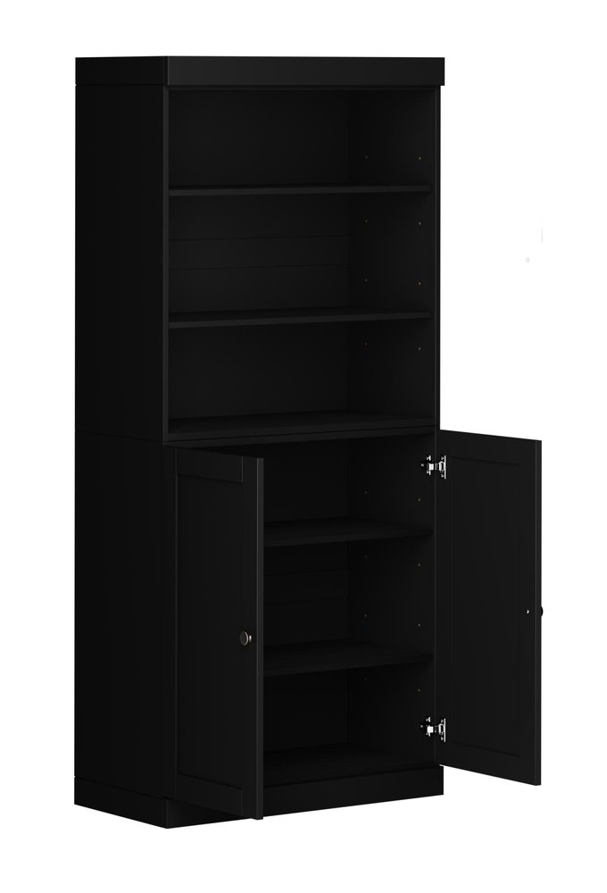72" Black Solid Wood Adjustable Six Tier Library Bookcase with Two Doors — view 2