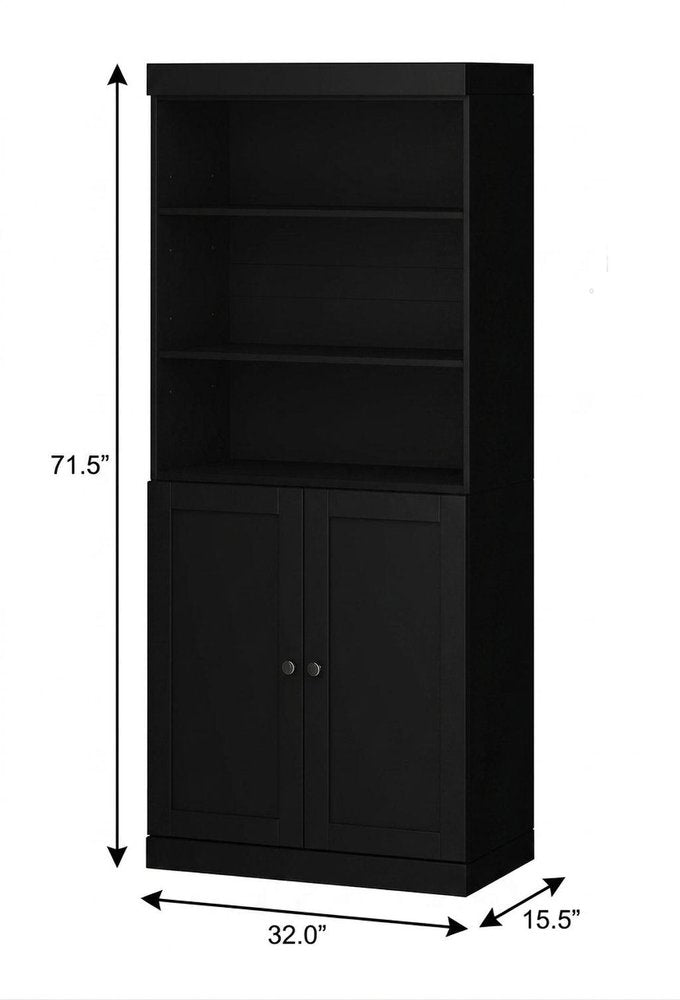72" Black Solid Wood Adjustable Six Tier Library Bookcase with Two Doors HomeRoots