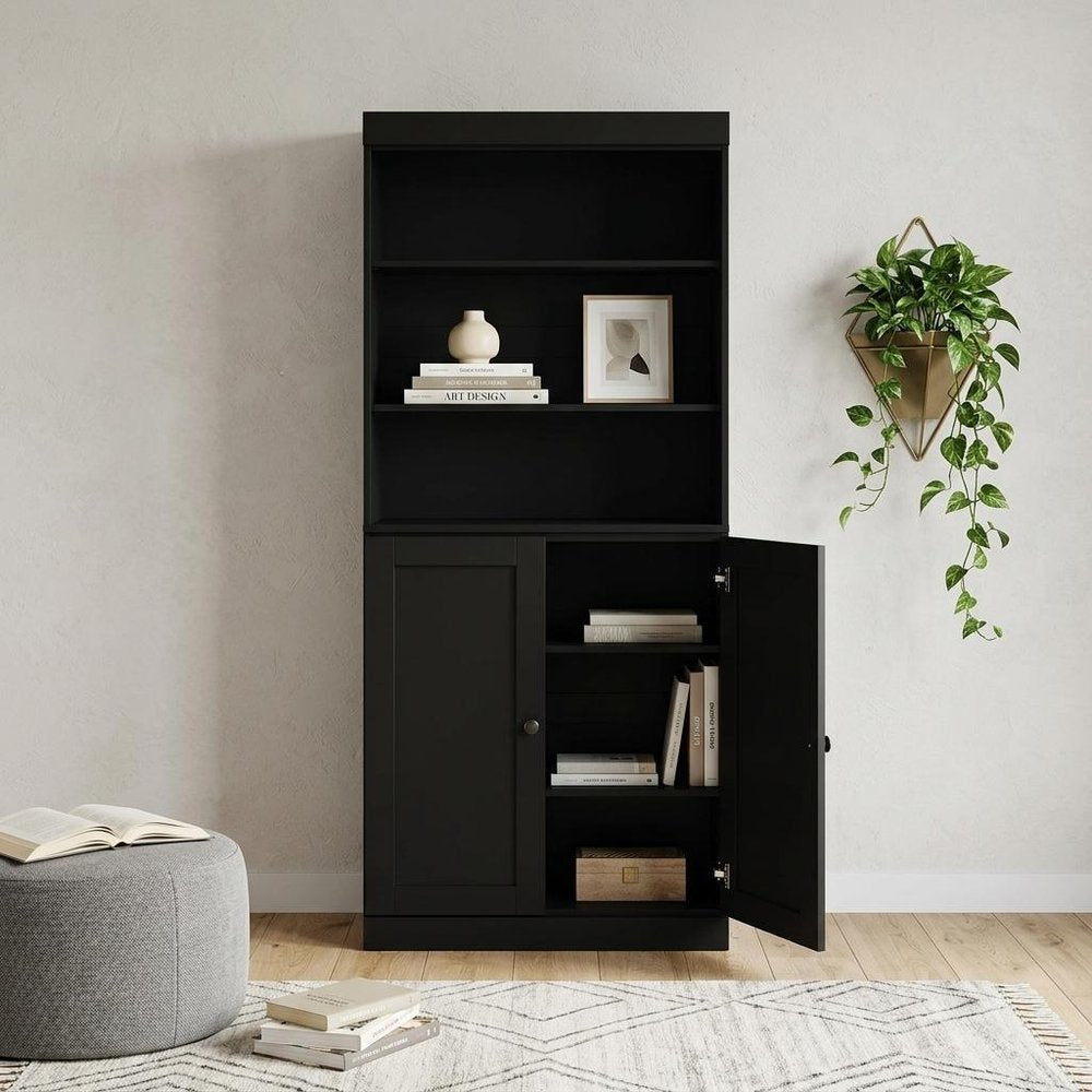 72" Black Solid Wood Adjustable Six Tier Library Bookcase with Two Doors HomeRoots