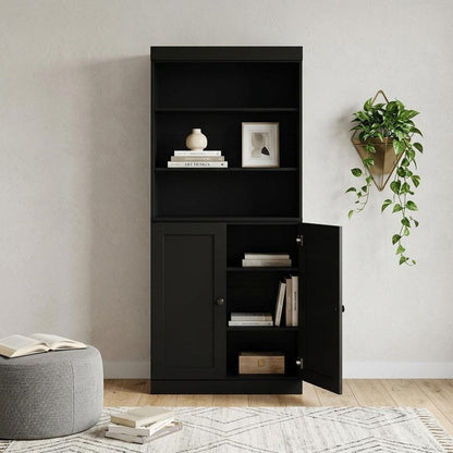 72" Black Solid Wood Adjustable Six Tier Library Bookcase with Two Doors