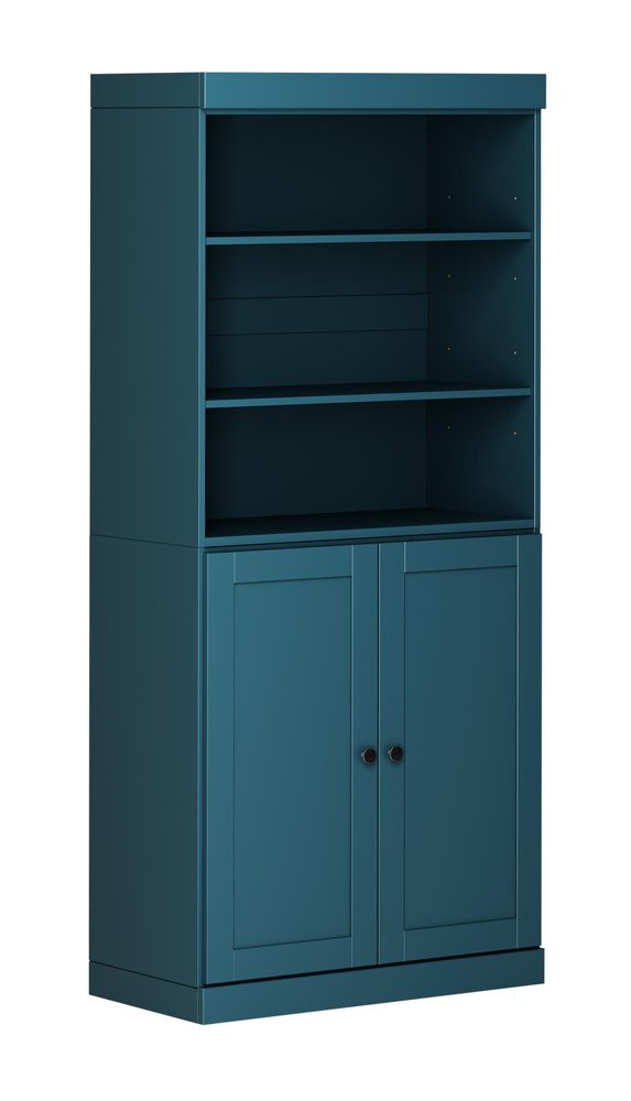 72" Teal Blue Solid Wood Adjustable Six Tier Library Bookcase with Two Doors — view 1