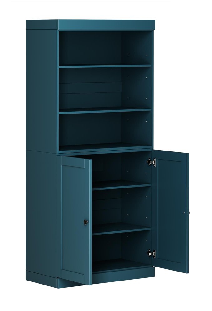 72" Teal Blue Solid Wood Adjustable Six Tier Library Bookcase with Two Doors — view 2