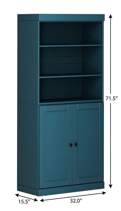 72" Teal Blue Solid Wood Adjustable Six Tier Library Bookcase with Two Doors HomeRoots