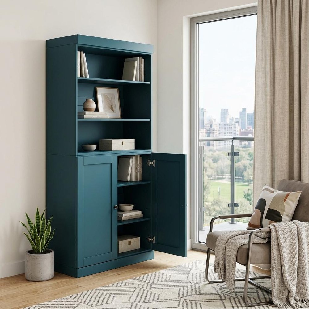 72" Teal Blue Solid Wood Adjustable Six Tier Library Bookcase with Two Doors — view 5