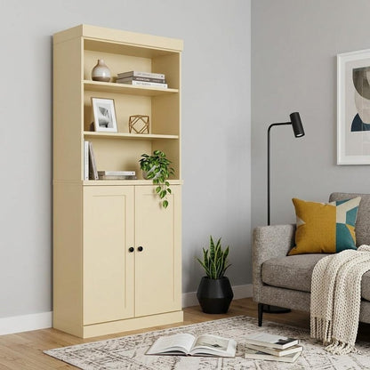 72" Yellow Solid Wood Adjustable Six Tier Library Bookcase with Two Doors HomeRoots