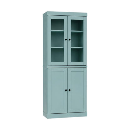 72" Aqua Solid Wood Adjustable Six Tier Library Bookcase with Two Doors HomeRoots