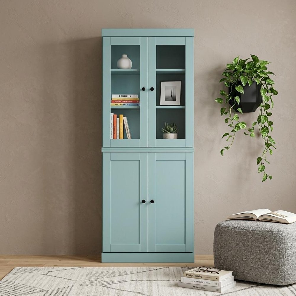 72" Aqua Solid Wood Adjustable Six Tier Library Bookcase with Two Doors HomeRoots