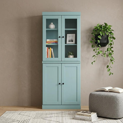 72" Aqua Solid Wood Adjustable Six Tier Library Bookcase with Two Doors HomeRoots