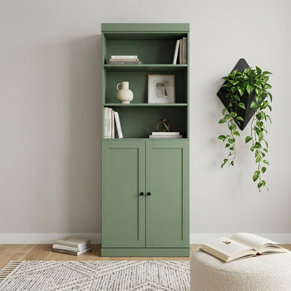 72" Green Solid Wood Adjustable Six Tier Library Bookcase with Two Doors HomeRoots