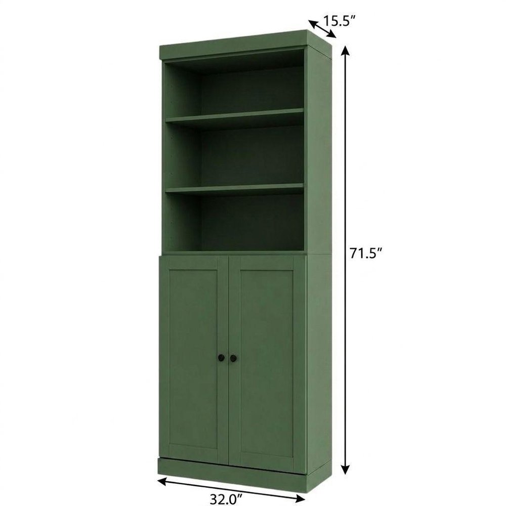 72" Green Solid Wood Adjustable Six Tier Library Bookcase with Two Doors HomeRoots