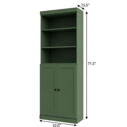 72" Green Solid Wood Adjustable Six Tier Library Bookcase with Two Doors HomeRoots