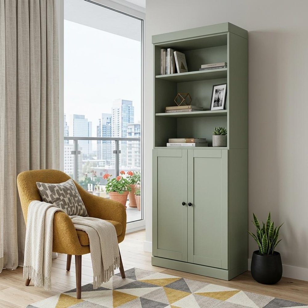 72" Sage Solid Wood Adjustable Six Tier Library Bookcase with Two Doors — view 2