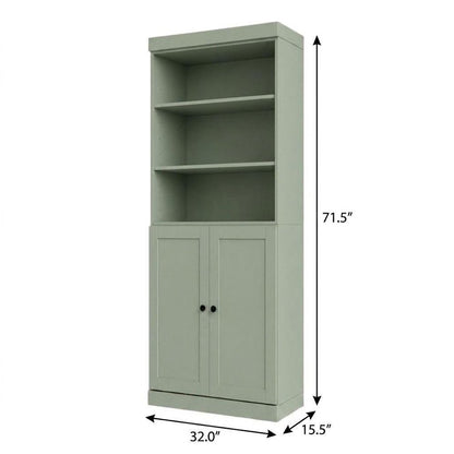 72" Sage Solid Wood Adjustable Six Tier Library Bookcase with Two Doors