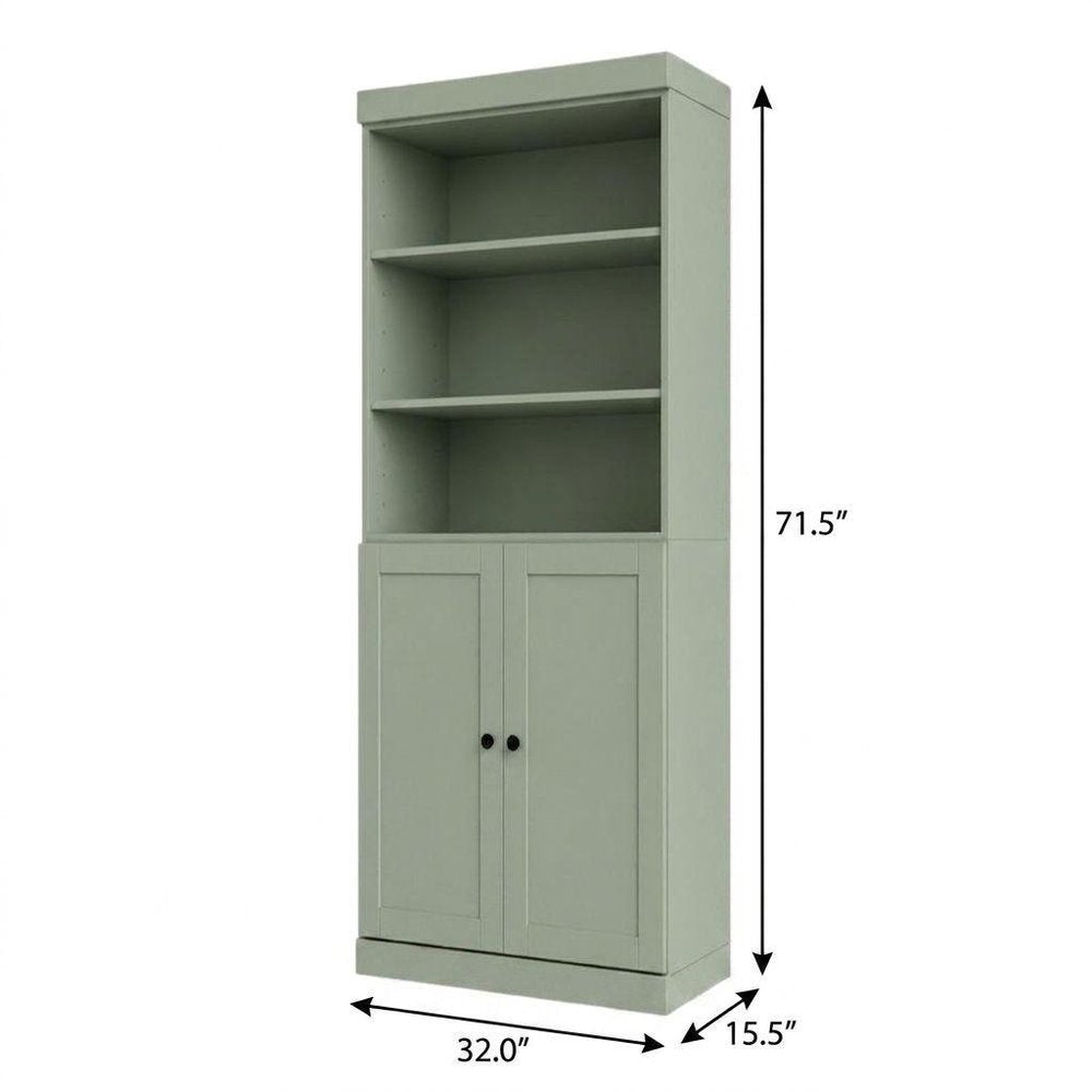 72" Sage Solid Wood Adjustable Six Tier Library Bookcase with Two Doors HomeRoots