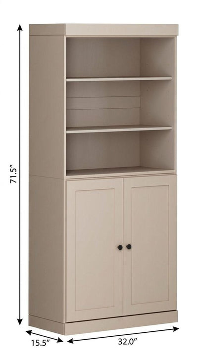 72" Beige Solid Wood Adjustable Six Tier Library Bookcase with Two Doors HomeRoots