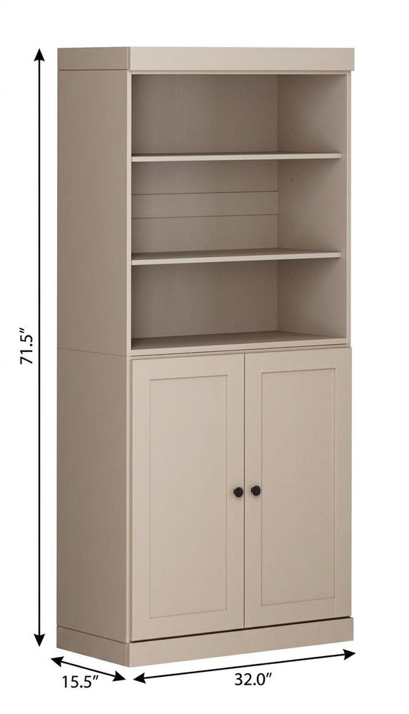 72" Beige Solid Wood Adjustable Six Tier Library Bookcase with Two Doors — view 4