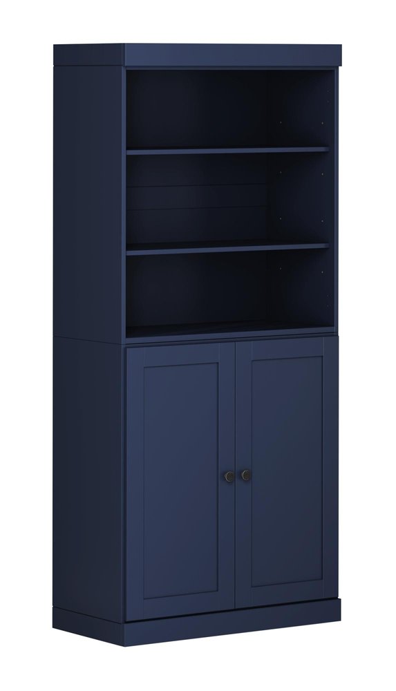 72" Navy Blue Solid Wood Adjustable Six Tier Library Bookcase with Two Doors HomeRoots