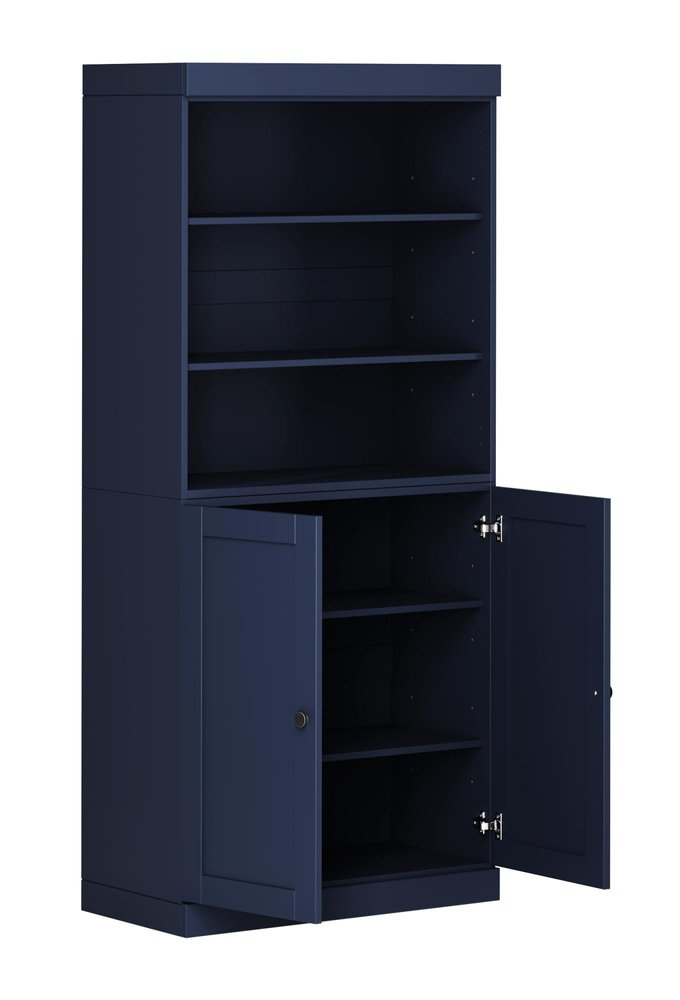72" Navy Blue Solid Wood Adjustable Six Tier Library Bookcase with Two Doors HomeRoots